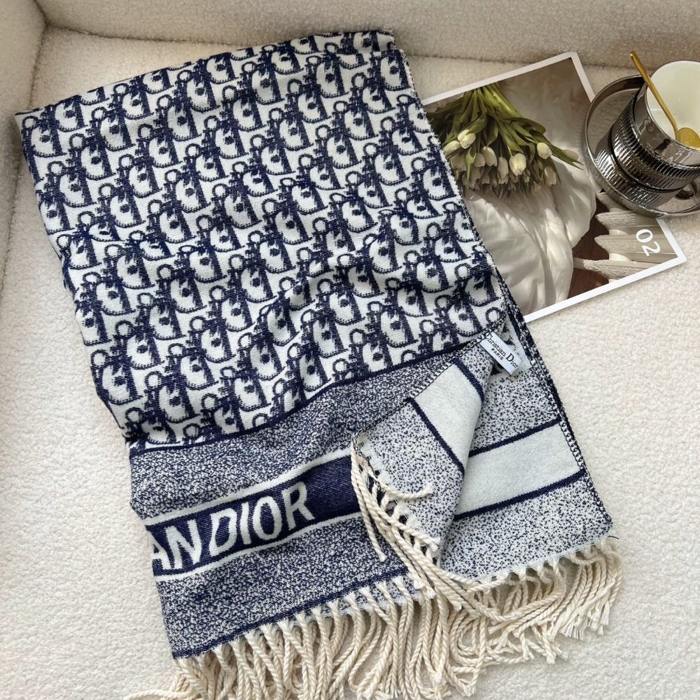 Dior Navy & White Monogram Fringe Scarf Throw